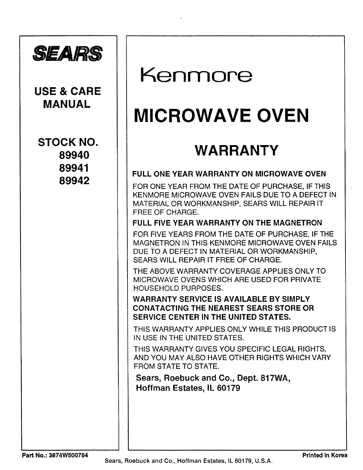 manual for kenmore space master microwave oven 89940